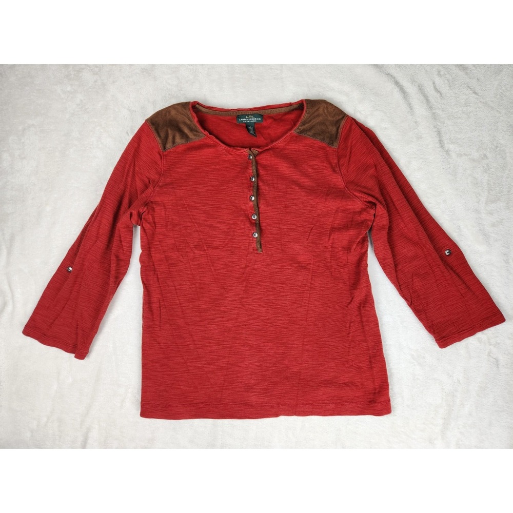 LRL Lauren Jeans Co Ralph L Red 3/4 Roll Tab Sleeve Faux Leather Suede Top